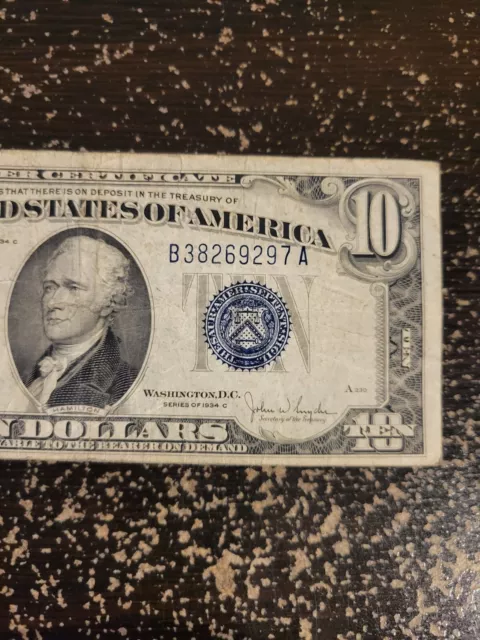 Old Us Money-1934 C $10 Dollar Blue Seal Silver Certificate Note B38269297A