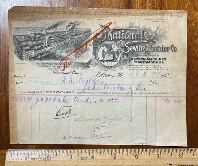 1904 billhead National Sewing Machine Co Eldredge factory graphic Belvidere IL