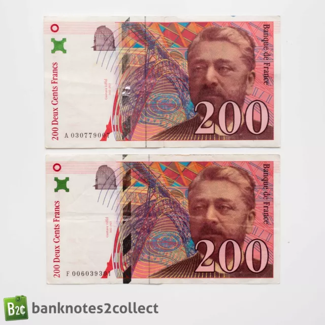 FRANCE: 2 x 200 French Franc Banknotes.