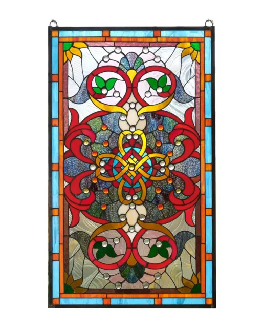 20.5"W x 34.75"H Handcrafted Jeweled stained glass window panel.