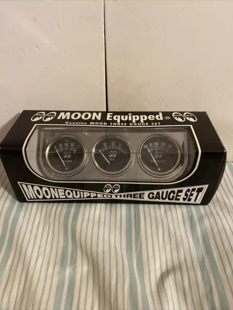 MOONeyes 3 GAUGE SET w Chrome Panel & Senders HOT ROD Custom OIL TEMP VOLT moon
