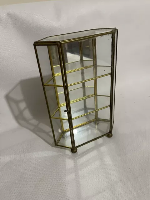 Brass & Glass Mini Curio Cabinet  Jewelry Trinket 3 Panel Display Vintage