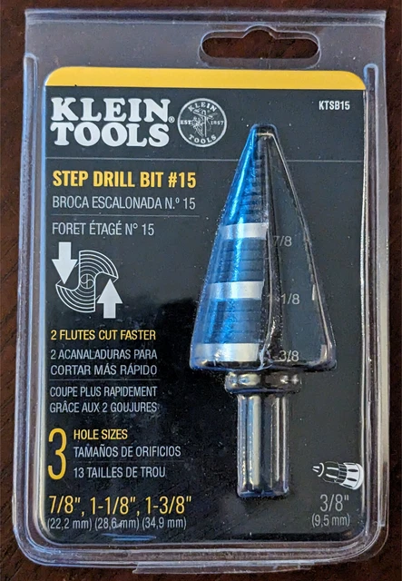 New Klein Tools Step Drill Bit #15 KTSB15 Double Fluted 7/8" 1 1/8" 1 3/8"