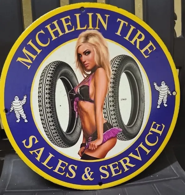 Michelin Tire Sales & Services Garage Oil & Gas Pinup Porcelain Enamel Sign.