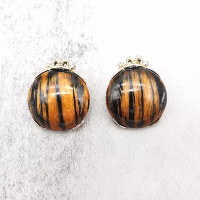 Vintage Clip On Earrings Faux Tigers Eye Gold Tone 1 inch Studs Costume Jewelry
