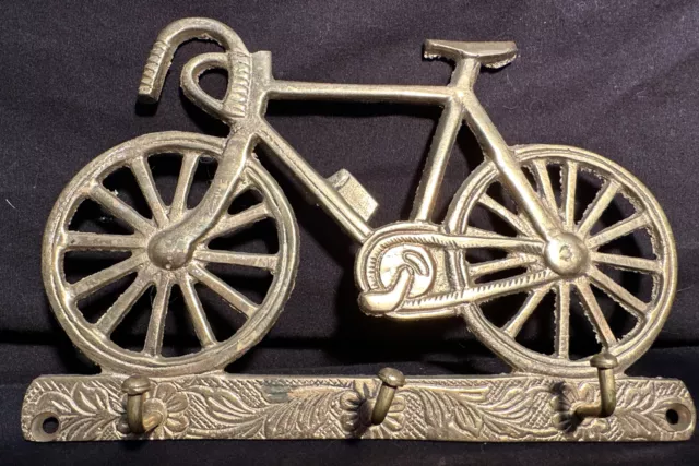 Vintage Brass Bicycle Wall Mount 4 Hooks Key Rack / Holder With Screws