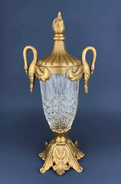 Art Deco Lead Crystal & Brass Heavy Urn with Bird Detail. Castilian Imports. Lid