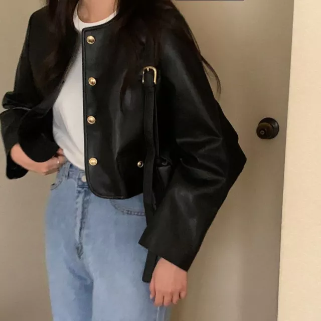 Lady Korean Style Single Breasted PU Leather Coats Short Round Neck Biker Jacket