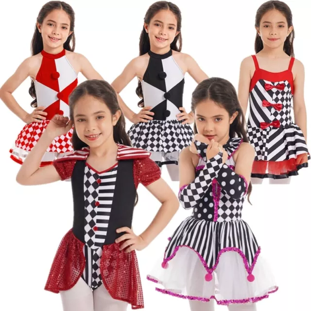 Circus Clown Costume Halloween Kids Girls Tutu Dress Jester Fancy Dress Cosplay