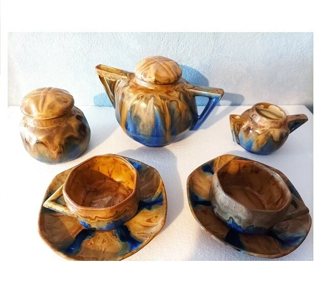 Service en Grés à café - Gilbert Méténier - Art Nouveau " Bleus de Gannat " Tbé