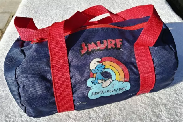 Vintage Smurfs Tote Bag Have A Smurfy Day Smurf 10" Mini Zip Carry Travel Peyo