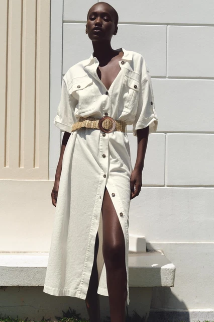ZARA NEW LINEN Blend Midi Dress Shirt with Belt Size XS