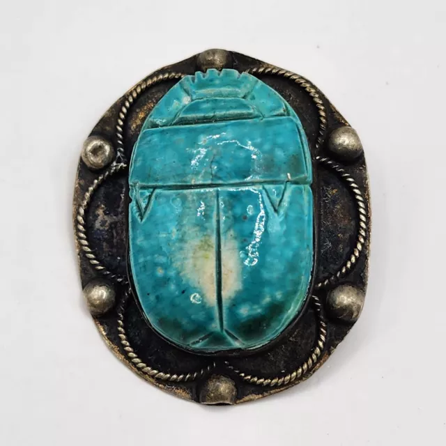 Vintage Scarab Brooch Sterling Silver Blue Egyptian Revival