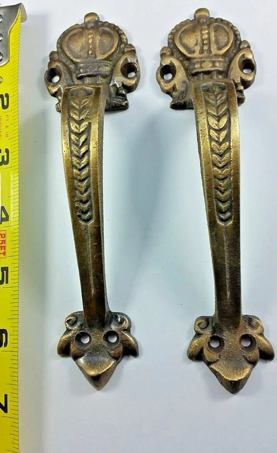 2 Solid Brass Crown Handles 6-3/4" Pulls Door Cabinet Ant. Style Barn Gate #P10 2