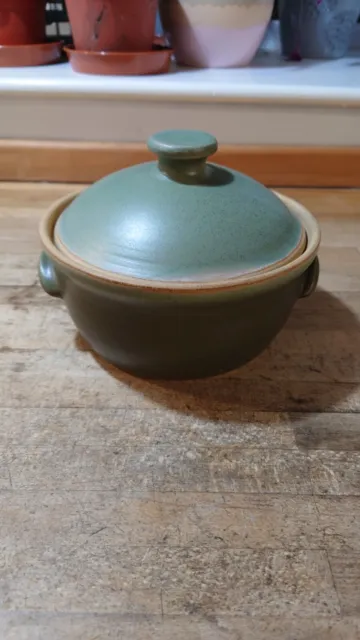 Vintage 1960's / 70's LANGRIGG Studio Pottery Stoneware Bowl Pot With Lid Green