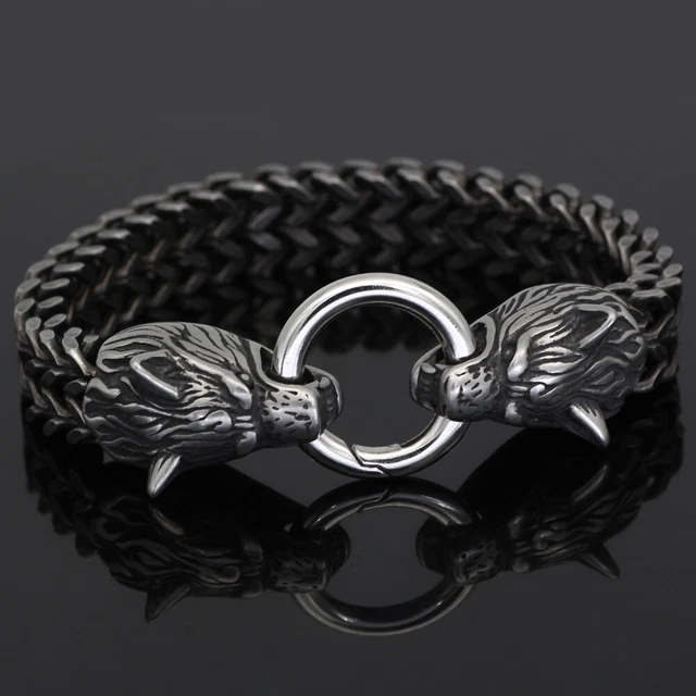 Men's Vintage Norse Viking Wolf Stainless Steel Link Chain Bracelet Bangle Gifts
