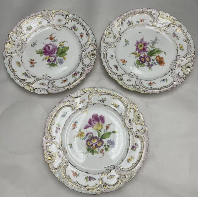 3 Carl Thieme Dresden Porcelain Salad Dessert Plates 8" Early TX Mark