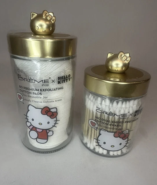 Tarro de vidrio cosmético crema Sanrio Hello Kitty tapa de metal almohadilla de algodón hisopos dorado