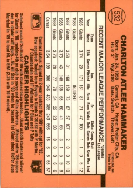 1990 COMME NEUF -- Donruss Atlee Hammaker San Francisco Giants #532 EUR ...