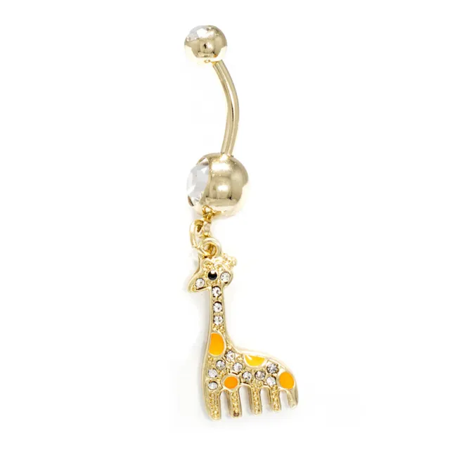 14G Belly Button Ring Dangle Gold IP Giraffe Clear CZ Gem Navel Piercing Jewelry 2