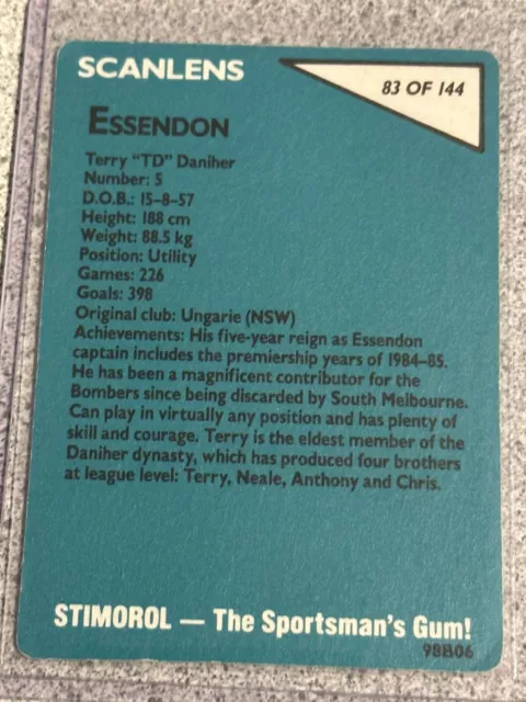 1988 VFL SCANLENS Terry T.D Daniher Essendon Bombers- Excellent ❤️🖤 2