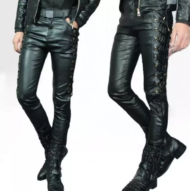 Mens Gothic Faux Leather Trousers Punk Black Motorcycle Pencil Cross Lace Pants