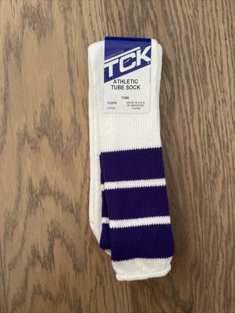 70s 80s  Vintage TCK Made In USA Retro 3 Stripes Tube Socks Purple NWT Large