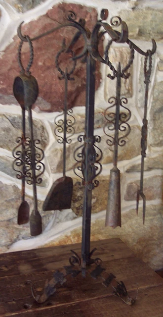vintage spanish gothic medieval wrought iron scroll hearth fireplace tool set