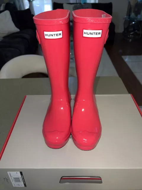 NEW Hunter Kids Original Gloss Waterproof Unisex Rain Boots Rowan Pink Size US 4