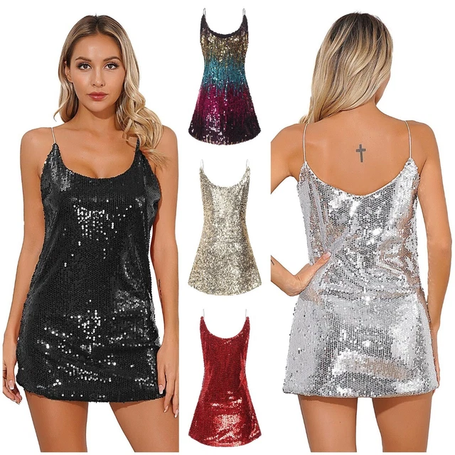 Damen Pailletten Rüschen Kleid Glitzer Glitzern Club Spaghettiträger Mini Sexy