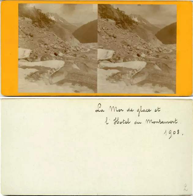 Stéréo, Chamonix, la mer de glace et l&#039;hôtel du Montanvert Vintage albumen
