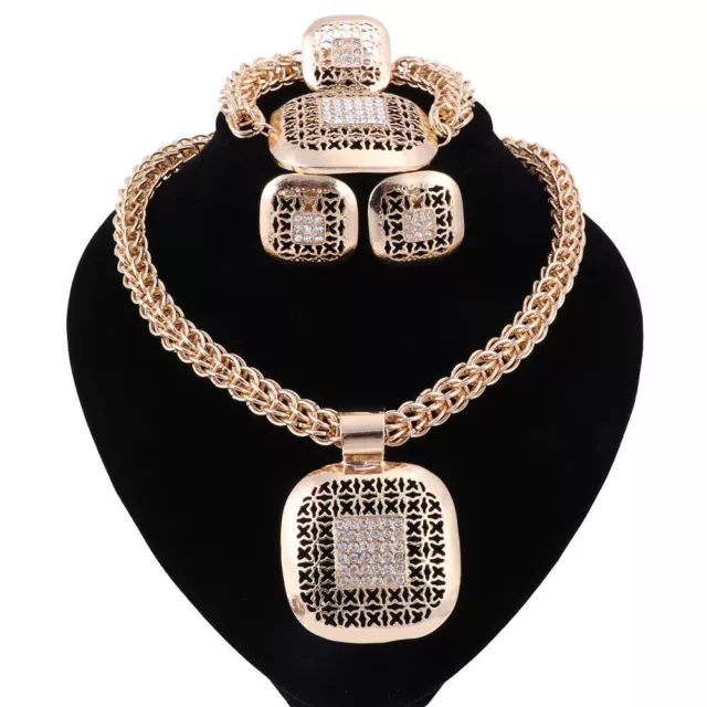 Gold Plated Crystal 4 Pieces Jewelry Set with Thick Box Shape Chain