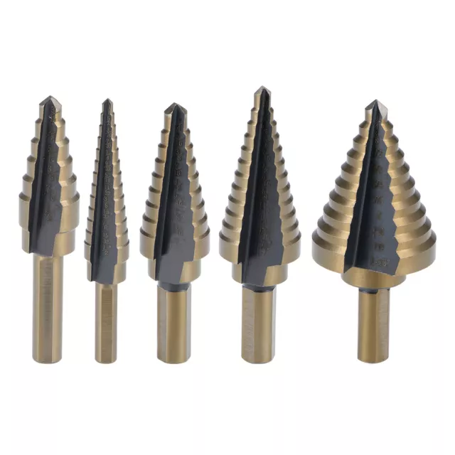 Titanium Step Drill Bits Set 1/4-3/4 1/4-1-3/8 1/8-1/2 3/16-1/2 1/16-7/8" 5pcs