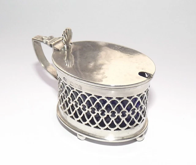 Antique Edwardian Solid Silver Mustard Pot, Pieced Decoration, Chester 1901