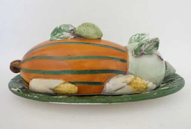 Horchow Harvest Pig Covered Butter Dish Vintage Majolica Ceramic Pottery Italy
