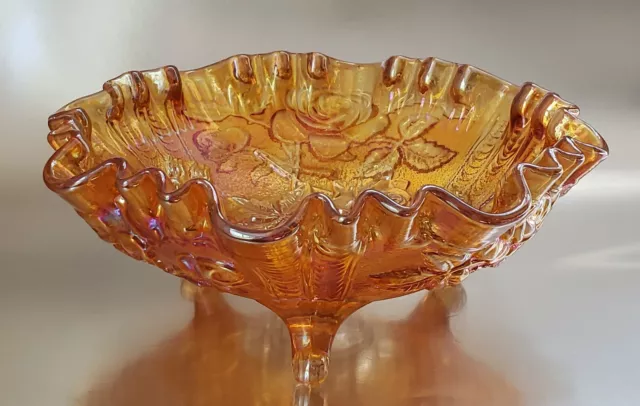 Vintage Imperial Wild Rose Marigold Carnival Glass Footed Ruffled Rim Bowl