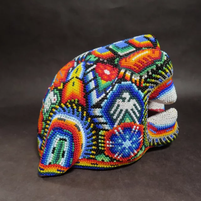 Huichol Beaded Jaguar Head Signed Handmade Mexican Folk Art Large Panther Cat