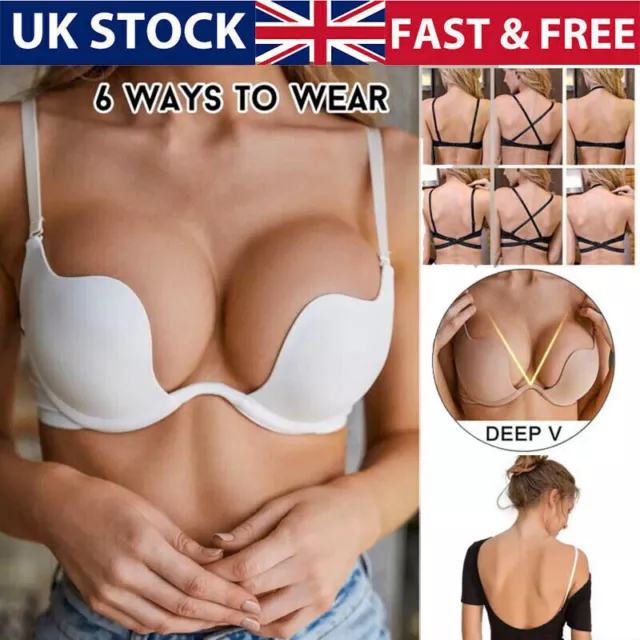 WOMENS LOW BACK Bra Wire Lifting Deep U Shaped Plunge Backless Push Up Bras  A~D £17.99 - PicClick UK