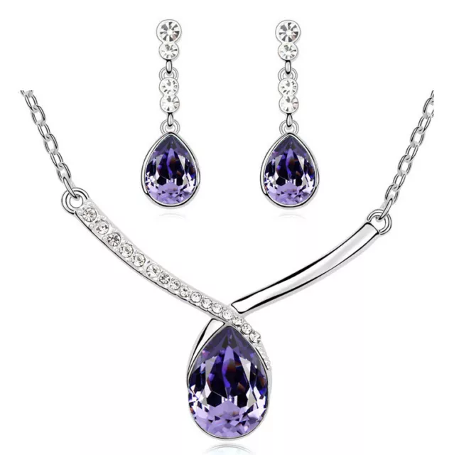 Elegant Purple Teardrop Bridal Crystal Jewellery Set Drop Earrings Necklace S825