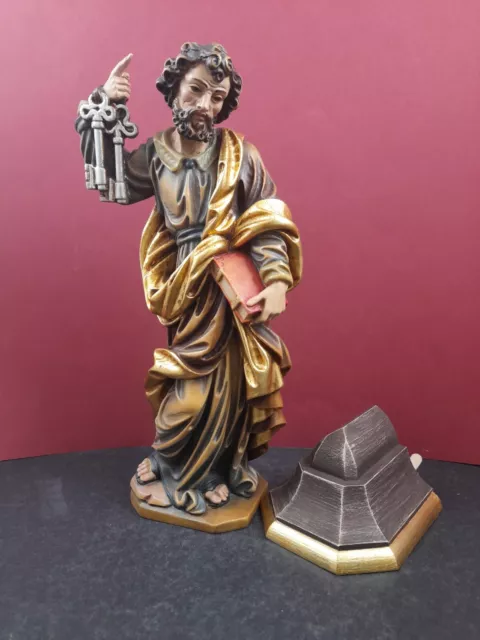 Holzfigur geschnitzt + Sockel Heiligenstatue Skulptur Heiliger Petrus handbemalt