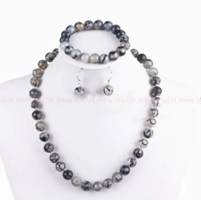 6/8/10mm Natural Black White Dragon Veins Agate Necklace Bracelet Earrings Set