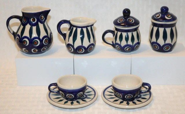 10 Piece Polish Pottery Peacock Blue Miniature Tea Set