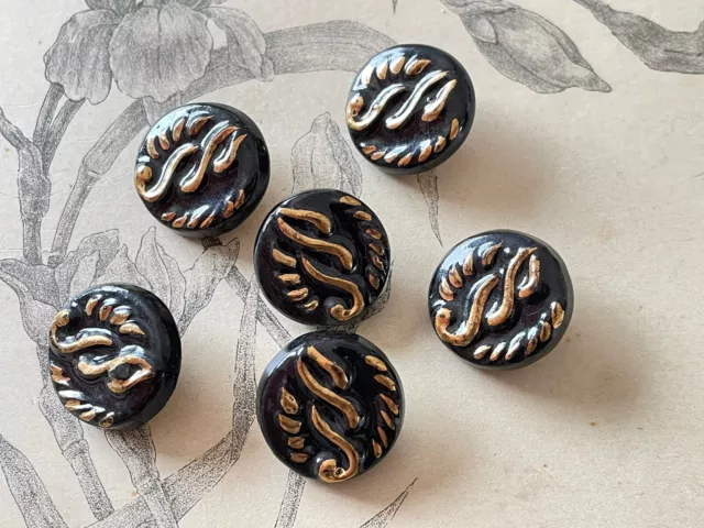 Ensemble de 6 boutons anciens en céramique - Noir & Doré - Années 50