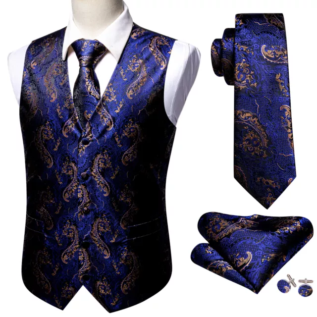 Mens Formal Wedding Waistcoat Floral Paisley Suit Vest Slim Tuxedo Silk Tie Set