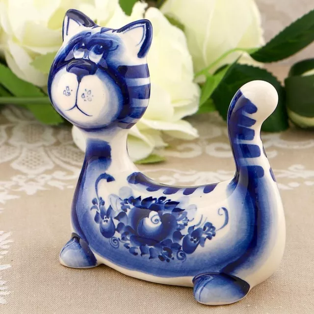 Grande Statuette Chat en porcelaine russe Gjel - Chat de porcelaine peint main 2