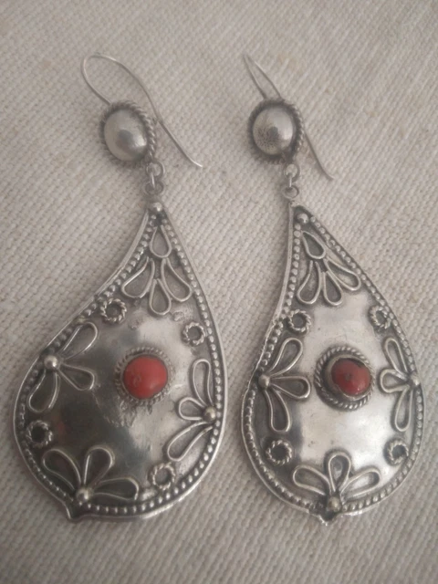 Boucles D'oreilles Berbères Anciennes - Argent Massif, Corail Et émail Cloisonné