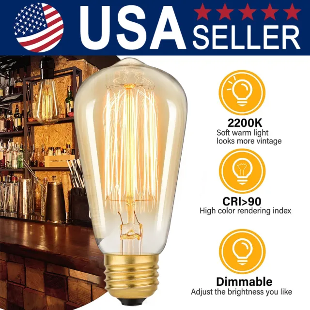 1/3/6-Pack ST58 E26 Vintage Edison Bulb 40W/60W Filament Light Bulb 2200K US