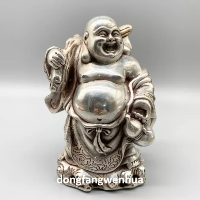 Chinese Buddhism Miao Silver Happy Laugh Maitreya Buddha Money Gourd Sculpture