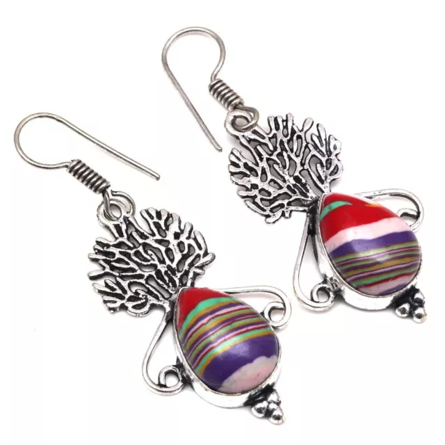 Rainbow Calsilica Gemstone Gift For Her 925 Silver Jewelry Earrings 1.5''