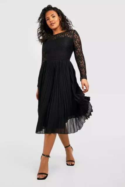 Boohoo Plus Black Lace Chiffon Pleated Midi Dress Size 22 BNWOT